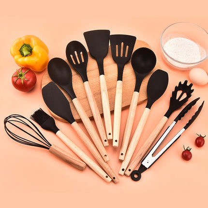 12-Piece Black Heat-Resistant Silicone Cooking Utensils with Wooden Handles and Box - Non-Stick Scratch-Free Kitchen Tool Kit.