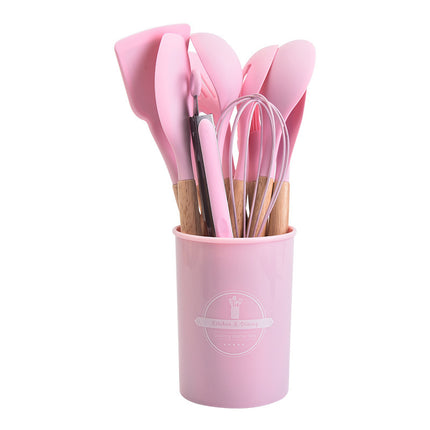 12-Piece Pink Heat-Resistant Silicone Cooking Utensils with Wooden Handles and Box - Non-Stick Scratch-Free Kitchen Tool Kit.
