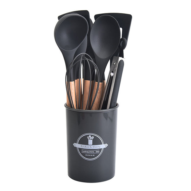 12-Piece Grey Heat-Resistant Silicone Cooking Utensils with Wooden Handles and Box - Non-Stick Scratch-Free Kitchen Tool Kit.