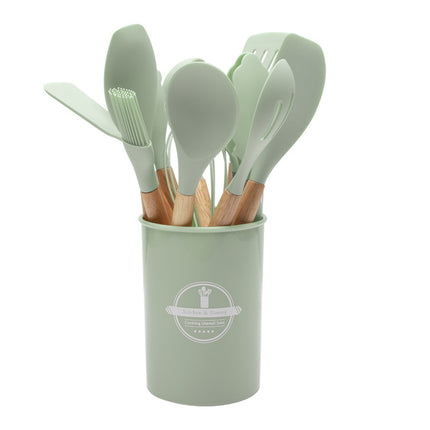 12-Piece Green Heat-Resistant Silicone Cooking Utensils with Wooden Handles and Box - Non-Stick Scratch-Free Kitchen Tool Kit.