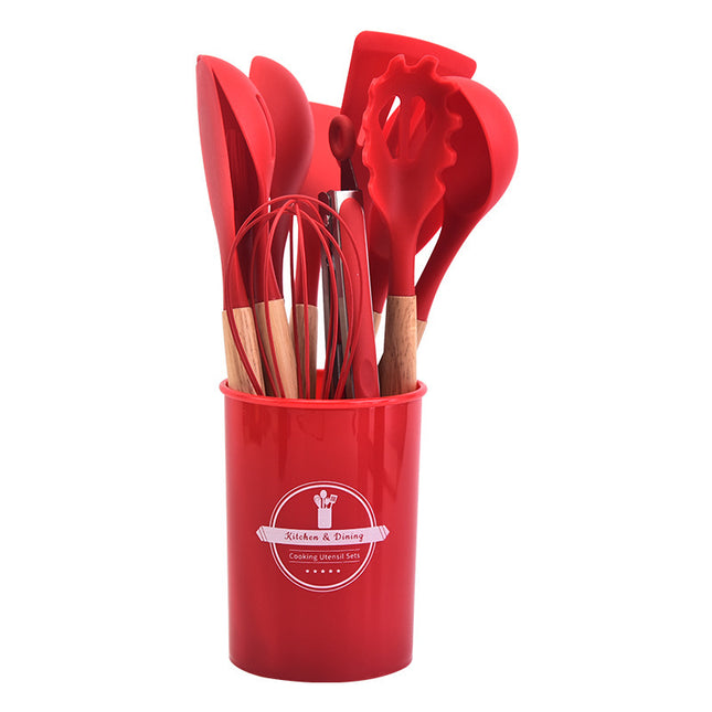 12-Piece Red Heat-Resistant Silicone Cooking Utensils with Wooden Handles and Box - Non-Stick Scratch-Free Kitchen Tool Kit.