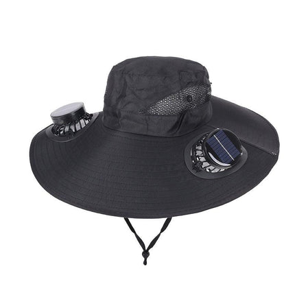 Black Dual Turbo Fan Sun Hat with Round Solar Panel & TypeC Interface - Waterproof 14cm Wide-Brim Cooling Hat for Outdoor Fishing Hiking Camping.
