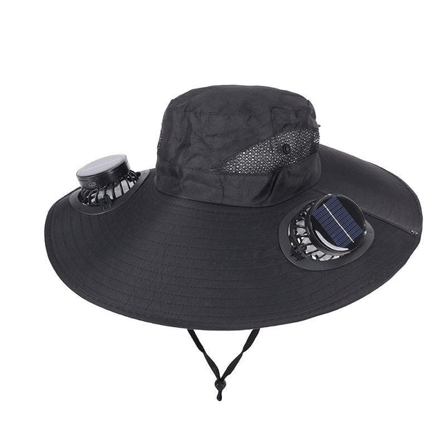 Black Dual Turbo Fan Sun Hat with Round Solar Panel & TypeC Interface - Waterproof 14cm Wide-Brim Cooling Hat for Outdoor Fishing Hiking Camping.
