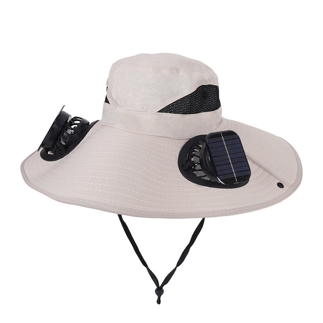 Khaki Dual Turbo Fan Sun Hat with Square Solar Panel & TypeC Interface - Waterproof 14cm Wide-Brim Cooling Hat for Outdoor Fishing Hiking Camping.
