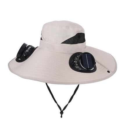 Khaki Dual Turbo Fan Sun Hat with Round Solar Panel & TypeC Interface - Waterproof 14cm Wide-Brim Cooling Hat for Outdoor Fishing Hiking Camping.