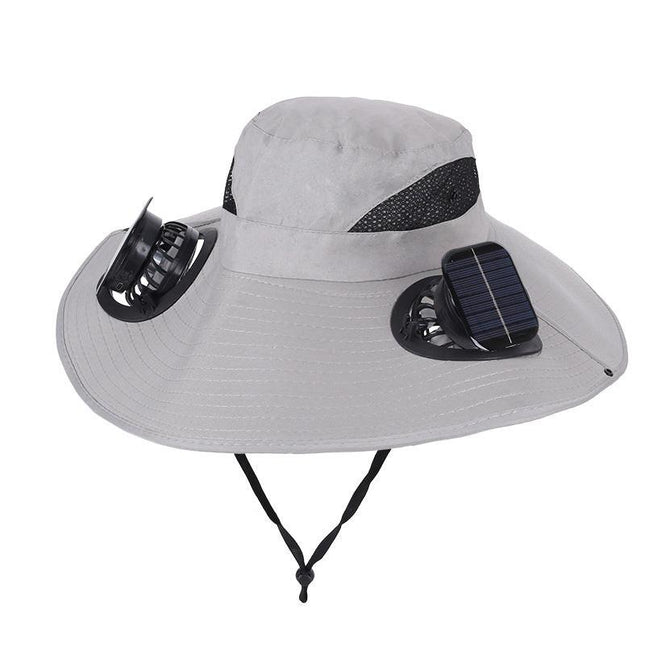 Light Grey Dual Turbo Fan Sun Hat with Square Solar Panel & TypeC Interface - Waterproof 14cm Wide-Brim Cooling Hat for Outdoor Fishing Hiking Camping.