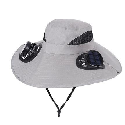 Light Grey Dual Turbo Fan Sun Hat with Round Solar Panel & TypeC Interface - Waterproof 14cm Wide-Brim Cooling Hat for Outdoor Fishing Hiking Camping.