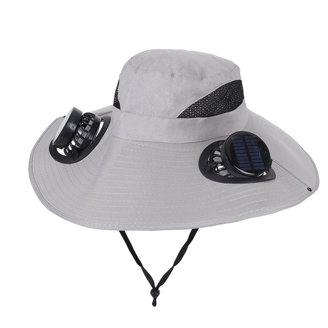 Light Grey Dual Turbo Fan Sun Hat with Round Solar Panel & TypeC Interface - Waterproof 14cm Wide-Brim Cooling Hat for Outdoor Fishing Hiking Camping.