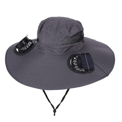 Dark Grey Dual Turbo Fan Sun Hat with Square Solar Panel & TypeC Interface - Waterproof 14cm Wide-Brim Cooling Hat for Outdoor Fishing Hiking Camping.