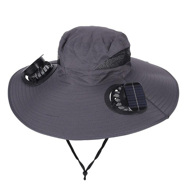 Dark Grey Dual Turbo Fan Sun Hat with Square Solar Panel & TypeC Interface - Waterproof 14cm Wide-Brim Cooling Hat for Outdoor Fishing Hiking Camping.