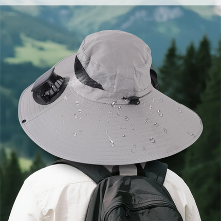 Dark Grey Dual Turbo Fan Sun Hat with Square Solar Panel & TypeC Interface - Waterproof 14cm Wide-Brim Cooling Hat for Outdoor Fishing Hiking Camping.