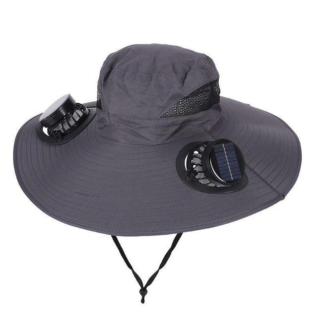 Dark Grey Dual Turbo Fan Sun Hat with Round Solar Panel & TypeC Interface - Waterproof 14cm Wide-Brim Cooling Hat for Outdoor Fishing Hiking Camping.