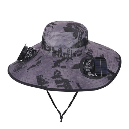Camouflage Grey Dual Turbo Fan Sun Hat with Square Solar Panel & TypeC Interface - Waterproof 14cm Wide-Brim Cooling Hat for Outdoor Fishing Hiking Camping.