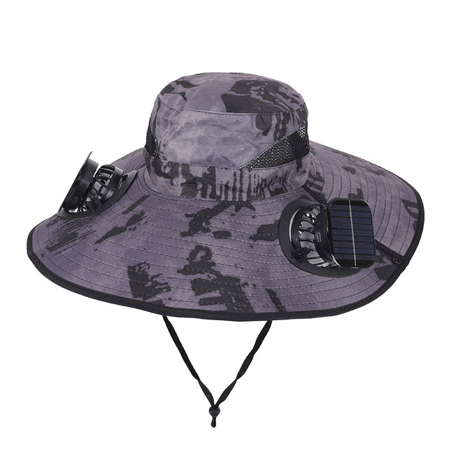 Camouflage Grey Dual Turbo Fan Sun Hat with Square Solar Panel & TypeC Interface - Waterproof 14cm Wide-Brim Cooling Hat for Outdoor Fishing Hiking Camping.