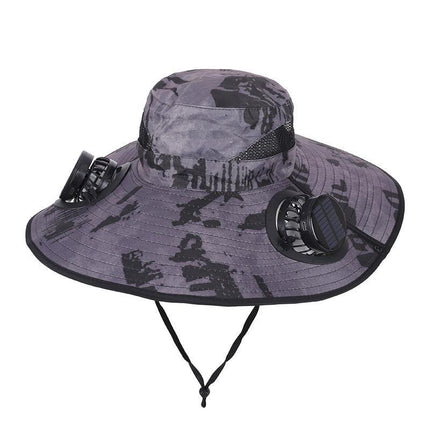 Camouflage Grey Dual Turbo Fan Sun Hat with Round Solar Panel & TypeC Interface - Waterproof 14cm Wide-Brim Cooling Hat for Outdoor Fishing Hiking Camping.