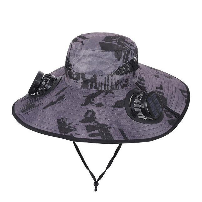 Camouflage Grey Dual Turbo Fan Sun Hat with Round Solar Panel & TypeC Interface - Waterproof 14cm Wide-Brim Cooling Hat for Outdoor Fishing Hiking Camping.