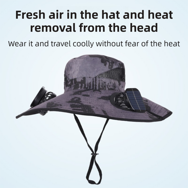 Camouflage Khaki Dual Turbo Fan Sun Hat with Square Solar Panel & TypeC Interface - Waterproof 14cm Wide-Brim Cooling Hat for Outdoor Fishing Hiking Camping.