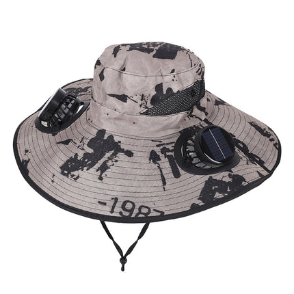 Camouflage Khaki Dual Turbo Fan Sun Hat with Round Solar Panel & TypeC Interface - Waterproof 14cm Wide-Brim Cooling Hat for Outdoor Fishing Hiking Camping.