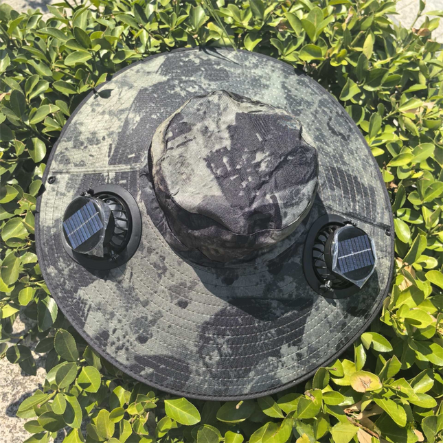 Camouflage Green Dual Turbo Fan Sun Hat with Round Solar Panel & TypeC Interface - Waterproof 14cm Wide-Brim Cooling Hat for Outdoor Fishing Hiking Camping.