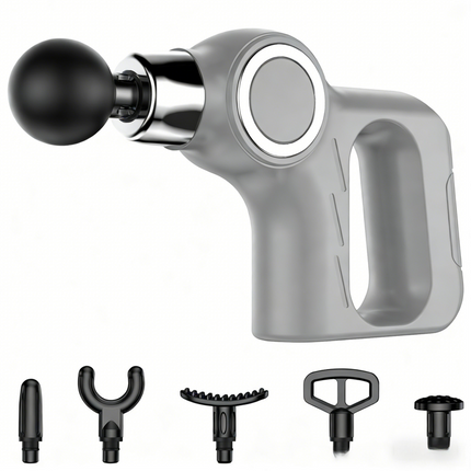 Grey Portable Mini Triangle Massage Gun with 6 Heads & 6 Speed Setting - High Frequency Muscle Stimulator for Professional Fitness (LCD Model).