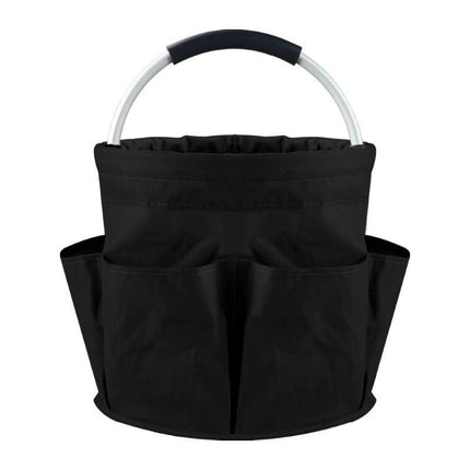 Black Foldable Oxford Cloth Round Picnic Basket with Padded Metal Handle - 6 Pocket Large Capacity Storage Tote for Outdoor Beach and Shopping.