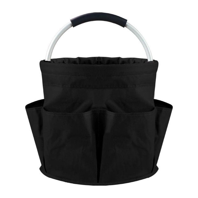 Black Foldable Oxford Cloth Round Picnic Basket with Padded Metal Handle - 6 Pocket Large Capacity Storage Tote for Outdoor Beach and Shopping.