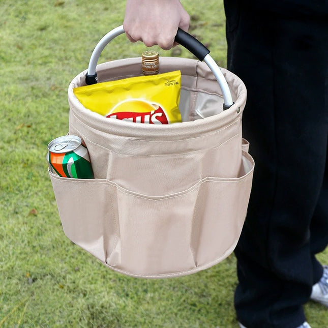 Khaki Foldable Oxford Cloth Round Picnic Basket with Padded Metal Handle - 6 Pocket Large Capacity Storage Tote for Outdoor Beach and Shopping.
