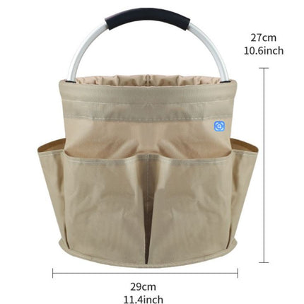 Khaki Foldable Oxford Cloth Round Picnic Basket with Padded Metal Handle - 6 Pocket Large Capacity Storage Tote for Outdoor Beach and Shopping.