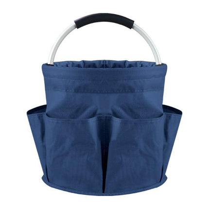 Blue Foldable Oxford Cloth Round Picnic Basket with Padded Metal Handle - 6 Pocket Large Capacity Storage Tote for Outdoor Beach and Shopping.