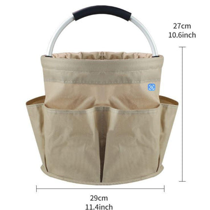 Blue Foldable Oxford Cloth Round Picnic Basket with Padded Metal Handle - 6 Pocket Large Capacity Storage Tote for Outdoor Beach and Shopping.