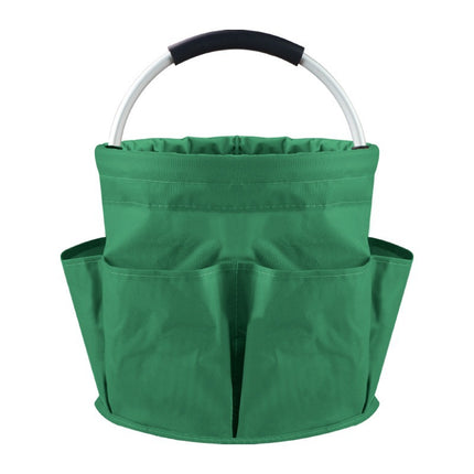 Green Foldable Oxford Cloth Round Picnic Basket with Padded Metal Handle - 6 Pocket Large Capacity Storage Tote for Outdoor Beach and Shopping.