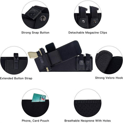 Black Multi-Functional Concealed Tactical Belly Band with Muti-Pouch and Holster - 48 inch Breathable Carry Belt for Outdoor Camping.