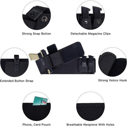Black Multi-Functional Concealed Tactical Belly Band with Muti-Pouch and Holster - 55 inch Breathable Carry Belt for Outdoor Camping.
