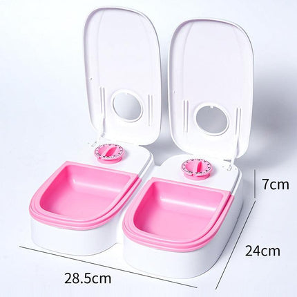 Pink Silent Automatic Pet Double Meal Dispenser with Rotary Buckle - Longest 48H Scheduled and Long Battery Life, Detachable for Easy Cleaning.