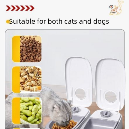 Pink Silent Automatic Pet Double Meal Dispenser with Rotary Buckle - Longest 48H Scheduled and Long Battery Life, Detachable for Easy Cleaning.