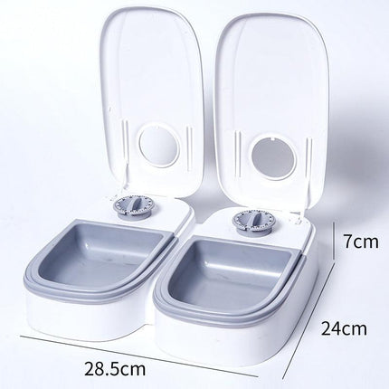 Grey Silent Automatic Pet Double Meal Dispenser with Rotary Buckle - Longest 48H Scheduled and Long Battery Life, Detachable for Easy Cleaning.
