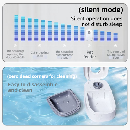 Grey Silent Automatic Pet Double Meal Dispenser with Rotary Buckle - Longest 48H Scheduled and Long Battery Life, Detachable for Easy Cleaning.