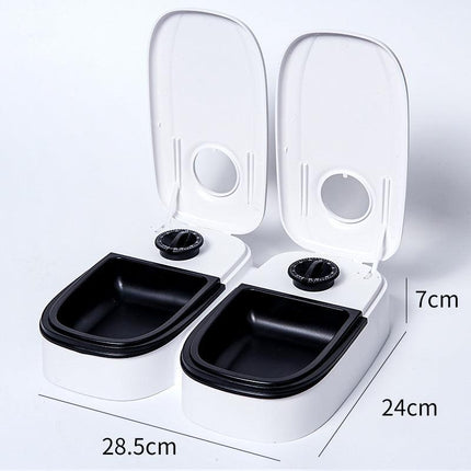 Black Silent Automatic Pet Double Meal Dispenser with Rotary Buckle - Longest 48H Scheduled and Long Battery Life, Detachable for Easy Cleaning.