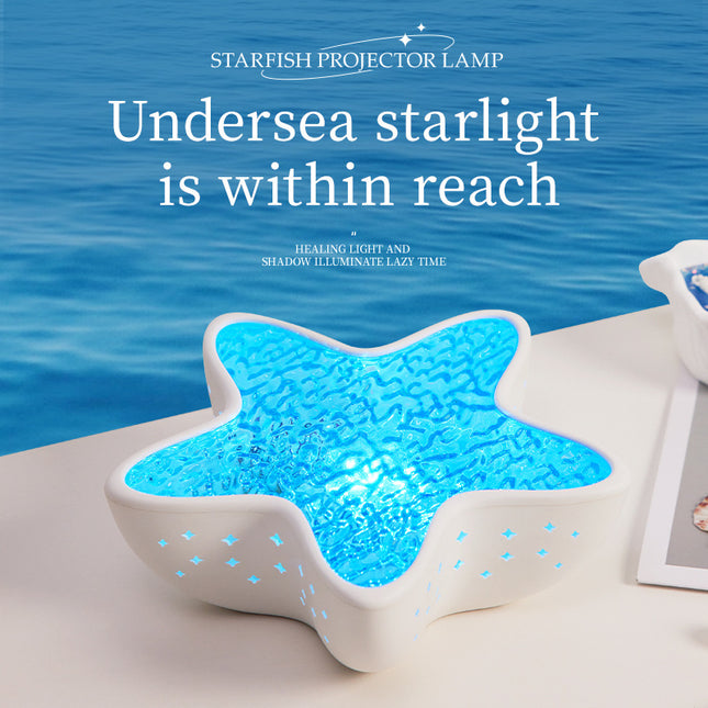 7-Colors Rechargeable Starfish Water Ripple Projection Lamp - Brightness Adjustable Ocean Ambiance Night Light.