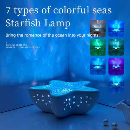 7-Colors Rechargeable Starfish Water Ripple Projection Lamp - Brightness Adjustable Ocean Ambiance Night Light.