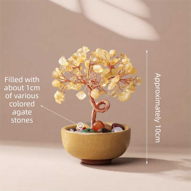 Natural Yellow Crystal Money Tree with Agate Basin & Adjustable Wire Branches - Desktop Feng Shui Decor for Wealth and Prosperity.