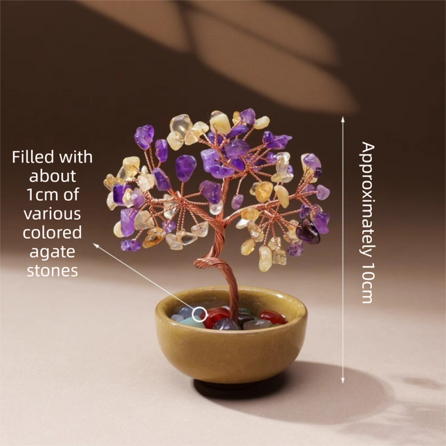 Natural Yellow-Purple Crystal Money Tree with Agate Basin & Adjustable Wire Branches - Desktop Feng Shui Decor for Wealth and Prosperity.