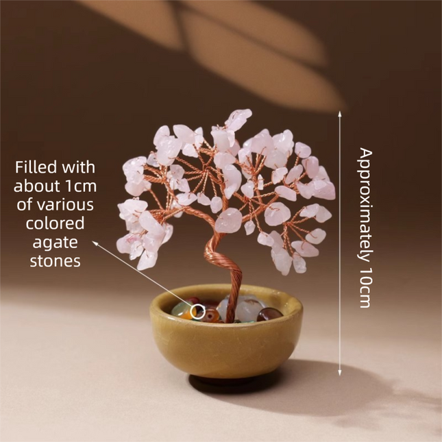 Natural Pink Crystal Money Tree with Agate Basin & Adjustable Wire Branches - Desktop Feng Shui Decor for Wealth and Prosperity.