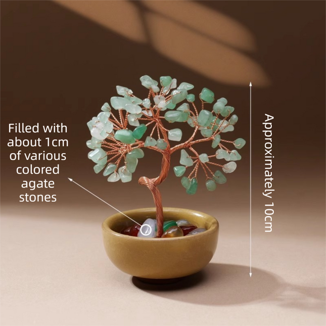 Natural Green Crystal Money Tree with Agate Basin & Adjustable Wire Branches - Desktop Feng Shui Decor for Wealth and Prosperity.
