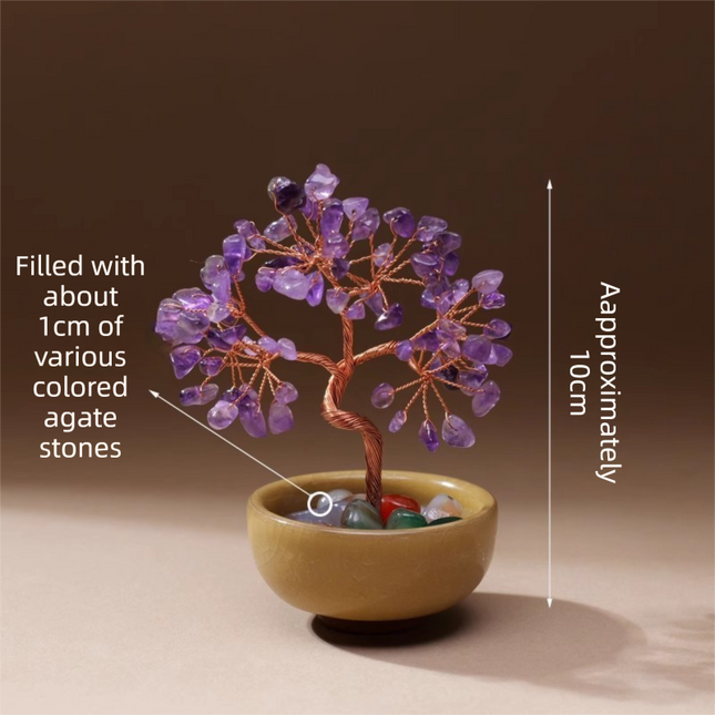 Natural Purple Crystal Money Tree with Agate Basin & Adjustable Wire Branches - Desktop Feng Shui Decor for Wealth and Prosperity.