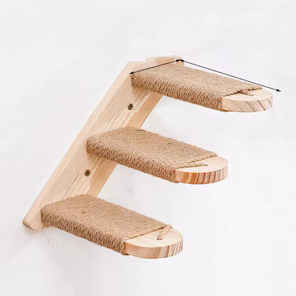 3-Tier Solid Wood Wall-Mounted Cat Climbing Ladder - Vertical Jumping Steps for Indoor Cats with Installation Kit.