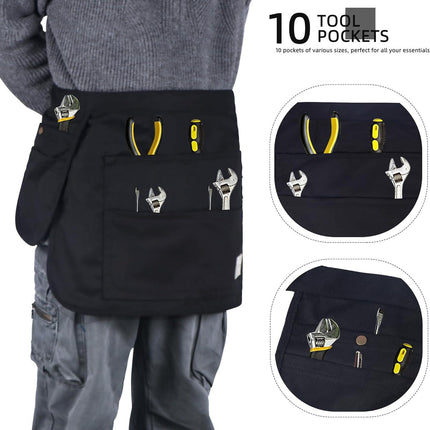 Black 10-Pocket Multi-Purpose Half-Body Utility Apron - Heavy-Duty Organizer Belt for Gardening, Makeup & Hardware.