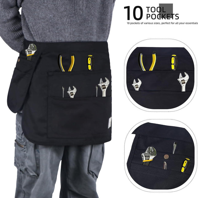Black 10-Pocket Multi-Purpose Half-Body Utility Apron - Heavy-Duty Organizer Belt for Gardening, Makeup & Hardware.