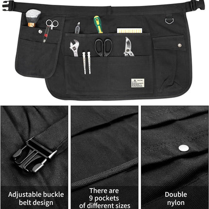 Black 10-Pocket Multi-Purpose Half-Body Utility Apron - Heavy-Duty Organizer Belt for Gardening, Makeup & Hardware.
