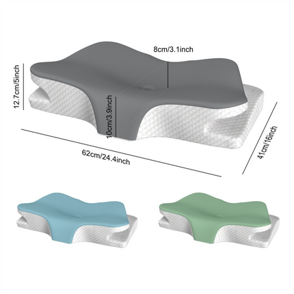 Grey Breathable Butterfly Contoured Memory Foam Pillow - Dual-Height Orthopedic Neck Pillow with 5-Zone Cervical Support.